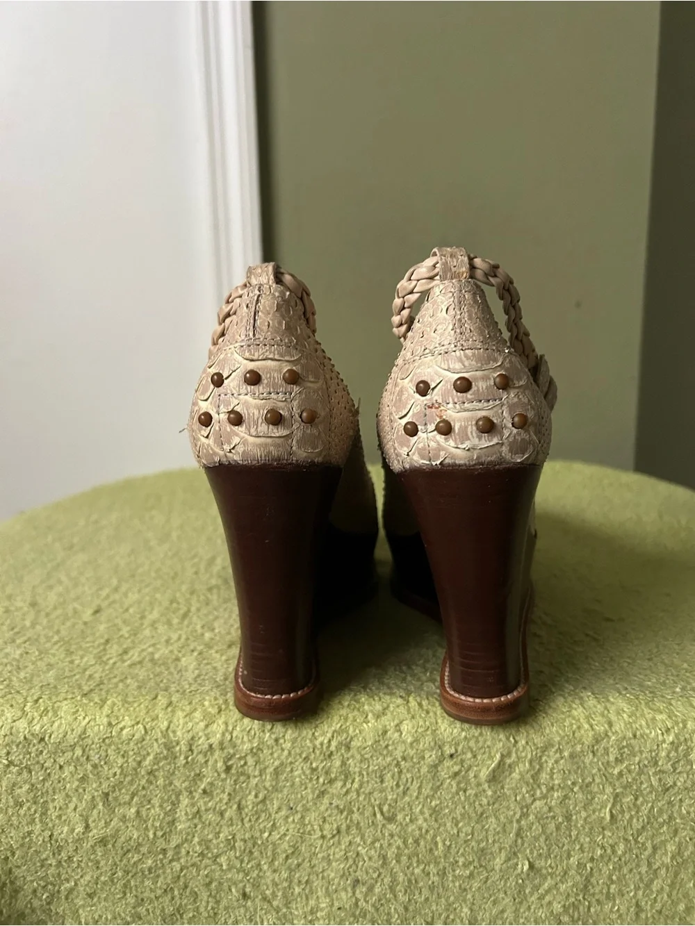 Tod's Beige Snake Skin Leather Mary Jane Wedge Pumps Sz 39
